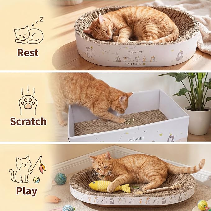 PatiencET 3-in-1 Cat Scratcher Cardboard Set for Indoor Cats, Cat Lounge Box with Wide & Slim Oval Cat Beds, Corrugated Cat Scratching Board for Furniture Protection, Rest & Play