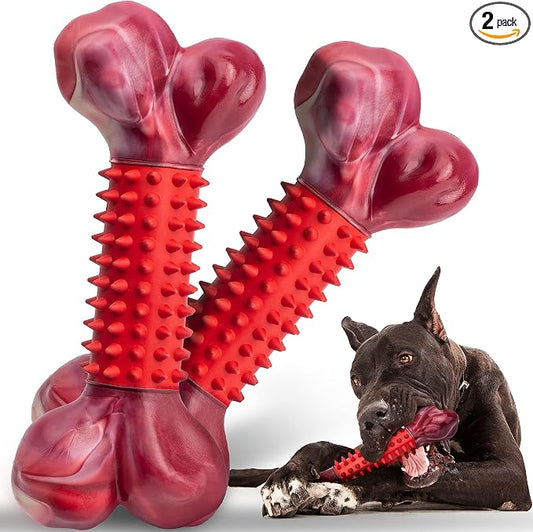 2-Pack Tough Dog Toys for Aggressive Chewers: Beef Flavored Long Lasting Dog Bones for Large Dogs, Heavy Duty Nylon & Rubber Dog Chew Toys to Keep Them Busy, Medium & Large Breed, Red