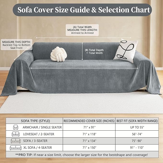 hyha Couch Cover for Dogs, Boho Sofa Covers for 3 Cushion Couch Washable, Chenille Sofa Slipcover for Pets, Soft Loveseat Sectional Couch Throw Blankets with Tassels (Grey, 71x150 Inch)