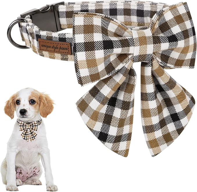 Unique style paws Christmas Dog Collar with Bow Tie Brown Plaid Puppy Collar for Small Medium Large Dogs as Autumn Winter Pet Gifts-XL