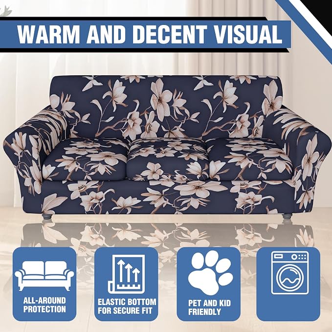 Stretch Couch Covers for 3 Separate Cushion Couch Sofa,Floral Printed Couch Sofa Cover,Washable Sofa Slipcover,Pet Friendly Furniture Protector with Elastic Bottom,Universal Fit for Home(Sofa,Cover)