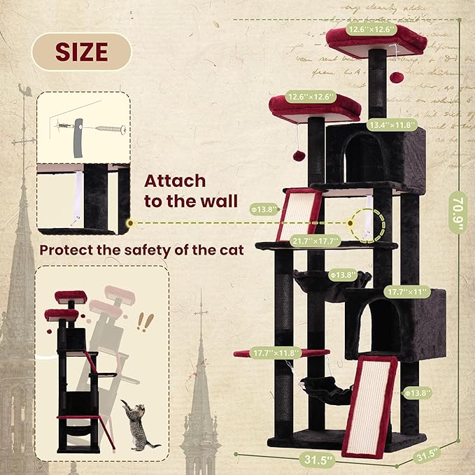 Gitelsnour Cat Tree for Indoor Cats, 71'' (180cm) Multi-Level Cat Tower for Large Adult, Gothic Sturdy Cat Tree House with 2 Scratching Boards 7 Posts, 2 Plush Perches/Condos, Hammock, Black GCT032BR