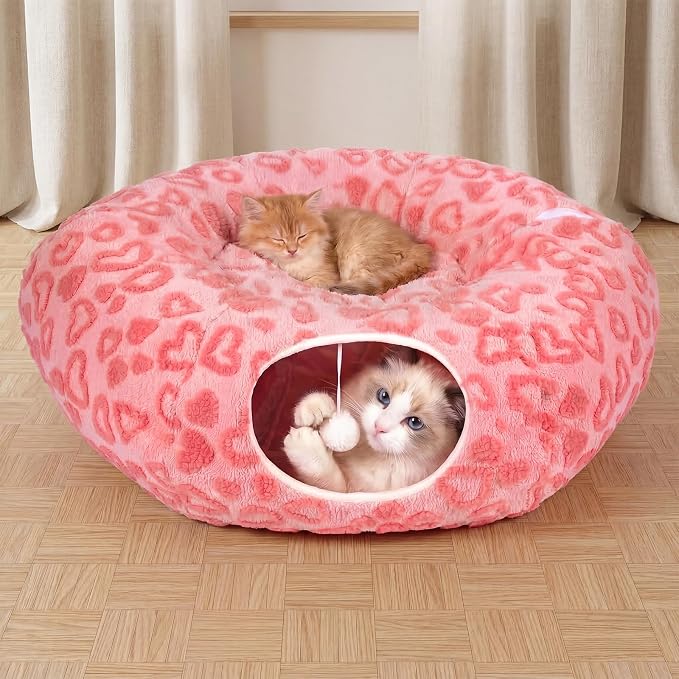 Cat Tunnel Bed, Cute Cat Tunnel Toy with Washable Cushion, Fits Indoor Cats up to 25 lbs, Cute Peekaboo Cave Pet Bed for Kittens, Rabbits, Pink Heart