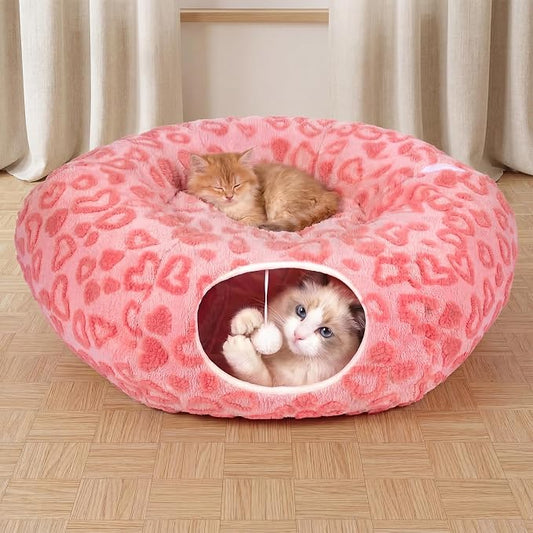 Cat Tunnel Bed, Cute Cat Tunnel Toy with Washable Cushion, Fits Indoor Cats up to 25 lbs, Cute Peekaboo Cave Pet Bed for Kittens, Rabbits, Pink Heart