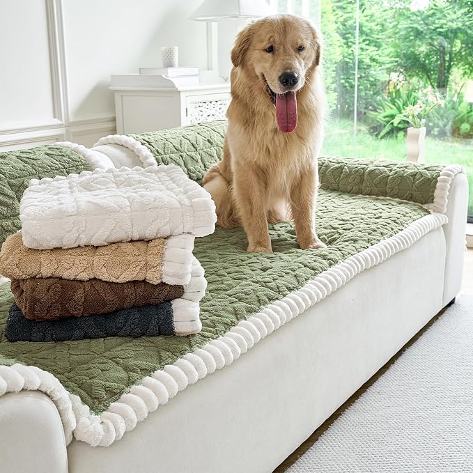 Fuzzy Couch Covers for Dogs, Non Slip Thick Dog Couch Cover Protector, Plush Pet Couch Covers for Sofa Washable, Soft Sofa Cushion Slipcovers Pet Friendly(1PC, Green, 27.6”x70.9”)