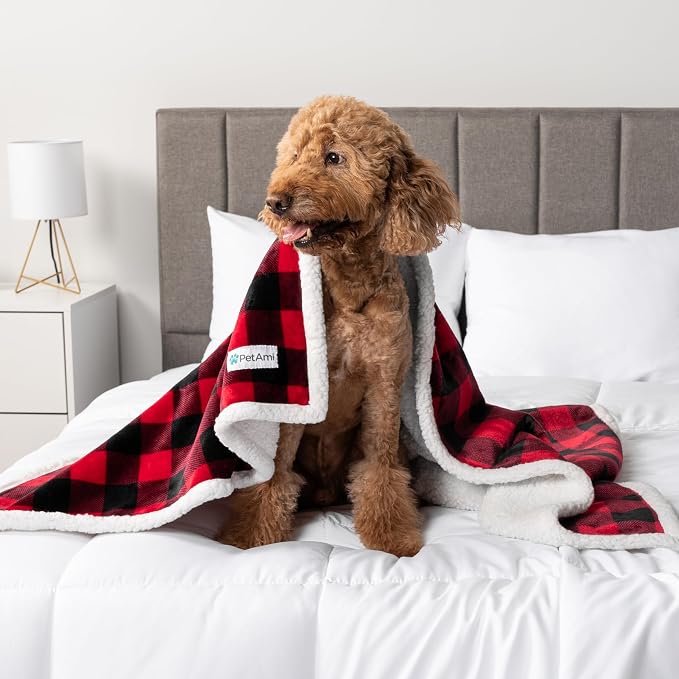 PetAmi Waterproof Dog Blanket for Couch, Large 60x40, Pee Proof Sherpa Fleece Reversible Pet Throw, Furniture Protector for Bed Sofa Kennel, Soft Washable Cover for Medium Dogs Cats, Plaid Red