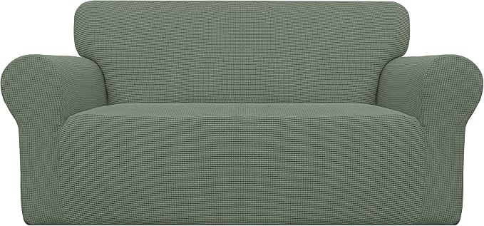 Easy-Going Stretch Loveseat Slipcover 1-Piece Sofa Cover Furniture Protector Couch Soft with Elastic Bottom for Kids Polyester Spandex Jacquard Fabric Small Checks (Loveseat, Greyish Green)