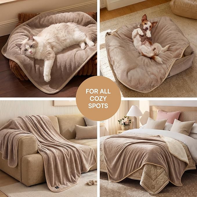 Luciphia Waterproof Blanket for Dog Washable Reversible Sherpa Fleece Throw Blanket for Bed Couch Soft Liquid Pee Proof Furniture Cover Protector for Small Medium Large Pet Cat Khaki 85" x 57"