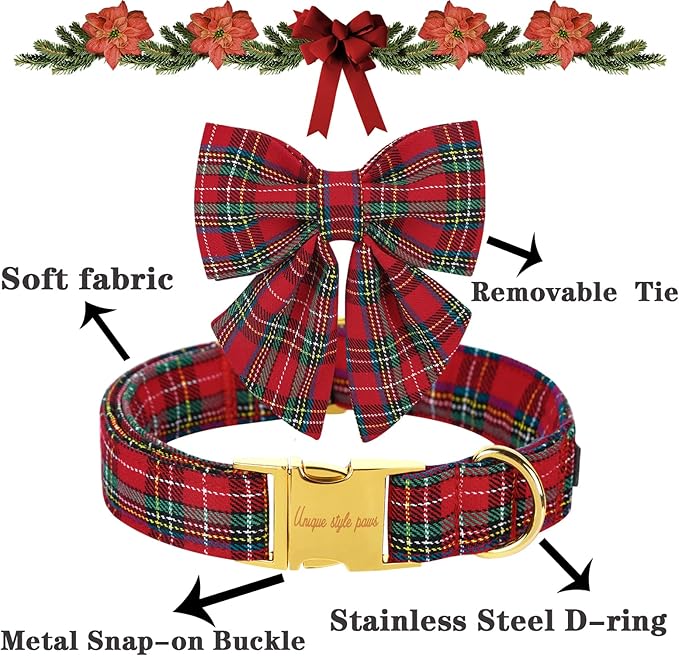 Unique style paws Christmas Dog Collar with Bow Tie Scottish Plaid Puppy Collar for Small Medium Large Dogs as Holiday Autumn Winter Gifts-XS