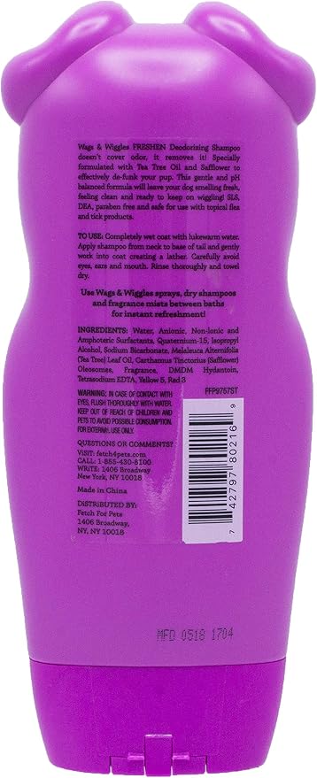 Wags & Wiggles Freshen Deodorizing Dog Shampoo, Very Berry Scent - Odor-Eliminating Dog Shampoo with Tea Tree Oil and Safflower for Smelly Dogs, Paraben Free, 16 Fl Oz