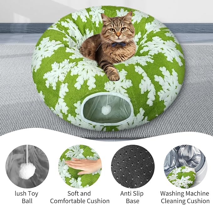 Cat Tunnels for Indoor Cats, Cute Cat Donut Tunnel with Washable Circle Cushion, Under Christmas Tree Soft Plush Peekaboo Cat Cave Toy for Kitten, Puppy, Rabbit (Green)