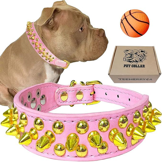 TEEMERRYCA Pink Leather Gold Spiked Studded Dog Collar for Female Puppy Small Medium Large Pets,Pit Bulls Bulldog, Keep Dog Safe from Grabbing by Huge Dogs, XS 8.3"-10.6"