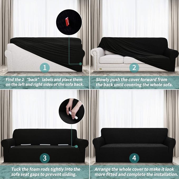 YEMYHOM Couch Cover Latest Jacquard Design High Stretch Sofa Covers for 3 Cushion Couch, Pet Dog Cat Proof Slipcover Non Slip Magic Elastic Furniture Protector (Sofa, Black)