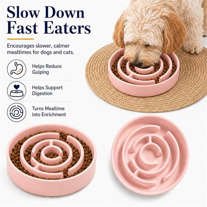 Ceramic Slow Feeder Dog Bowls with Anti-Slip, Slow Feeder & Non-Slip Design, Boredom and Anxiety Reducer, Suitable for All Breed Dogs and Cat (Ceramic-Pink)