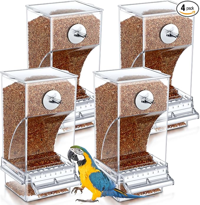 Yaomiao 4 Pcs No Mess Small Bird Feeders Automatic Parakeet Water Dispenser Clear Quail Feeder and Watered Cage Accessories for Small and Medium Parakeet Cockatiel Canary(Seed Feeder,Transparent)