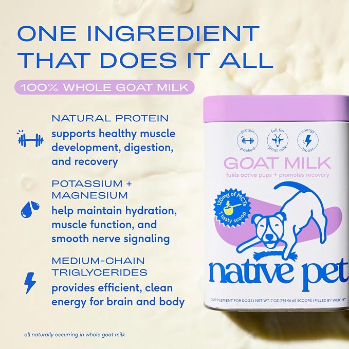 Native Pet Goat Milk Powder - Dog Food Topper for Active Dogs - Post-Activity Recovery, Energy, Immune Support, Hydration & Bone Health - Whole Goat Milk with MCTs & Essential Minerals - 120 Scoops
