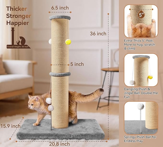 5-Inch Thick Sisal Cat Scratching Post, 36" Tall Tower, Gray | Cat Scratch Tower with Top Platform, Extra-Stable 20.8×15.9" Base, Durable Cat Scratcher, For Indoor Cats