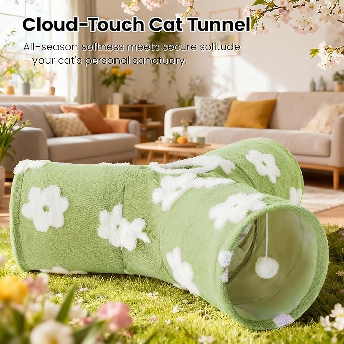 Tempcore Flannel Cat Tunnel for Indoor Cats, 3 Way Collapsible Pet Play Tunnel with Teaser Wand, Peek Holes & Hanging Ball, Interactive Tube for Kittens & Rabbits, Daisy Green