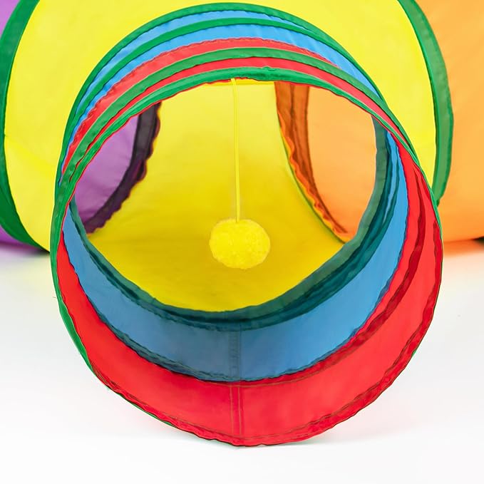 Tempcore Cat Tunnel for Indoor Cats, 3 Way Collapsible Pet Play Tunnel with Teaser Wand, Peek Holes & Hanging Ball, Interactive Tube for Kittens & Rabbits, Rainbow
