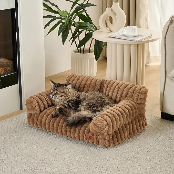 Hollypet Fluffy Dog Cat Bed Pet Couch Beds Plush Soft Warming Machine Washable Puppy Bed with Non-Slip Bottom for Cats and Small Medium Dogs up to 25 lbs, Brown, 24" L x 18" W x 10" Th