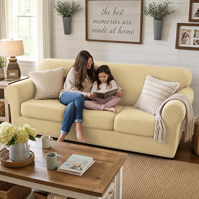 XINEAGE 2026 New 3 Pieces Couch Covers for 2 Extra Large Cushion Sofa Super Stretch Sofa Cover for 2 Large Seat Cushion Universal Loveseat Slip Cover for Living Room (Beige), 71"-91"(2 Cushions)