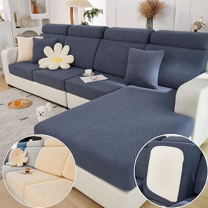 Yoovat Couch Cushion Covers for Sofa Couch Covers Wear-Resistant Universal Sofa Cover Washable Stretch for Sectional Slipcovers (Texture-Gray Blue,Back Cover L)
