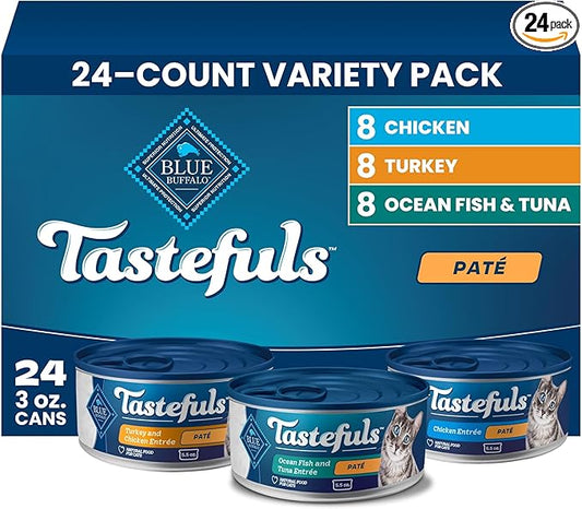 Blue Buffalo Tastefuls Wet Cat Food Paté Variety Pack (Chicken, Turkey & Chicken, Ocean Fish & Tuna) for Adult Cats, Made with Natural Ingredients, 5.5-oz. Each (24 Cans)