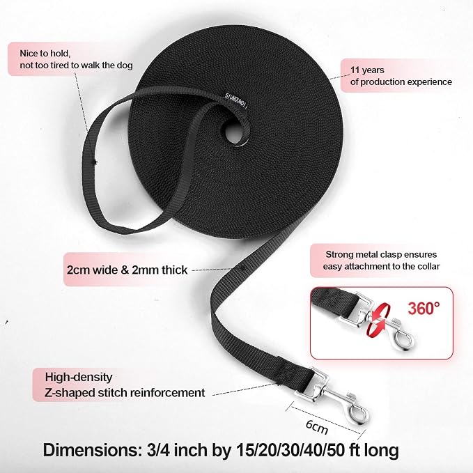 Dog/Puppy Obedience Recall Training Agility Lead -15ft 20ft 30ft 50ft Training Leash - Great for Play, Camping, or Backyard - Black 50ft