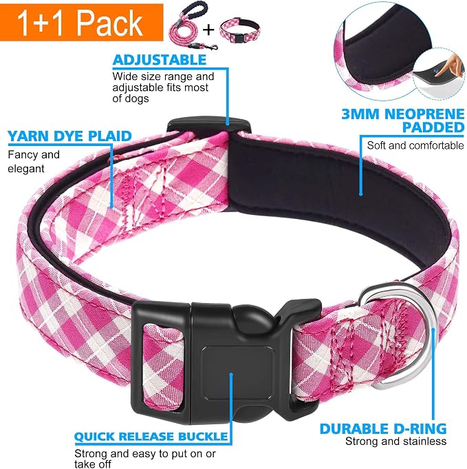 Ladoogo Reflective Dog Collar Padded with Soft Neoprene Breathable Adjustable Nylon Dog Collars for Small Medium Large Dogs (X-Small (Pack of 1), Pink Plaid Collar+Leash)