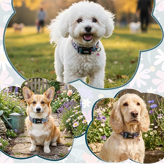 Dog Collar for Medium Dogs, Spring Dark Green Dog Collars with Flowers Pattern, Adjustable Cotton Dog Collars, Cute Girl or Boy Dog Collar Ideal for Gifts,Pet Accessory