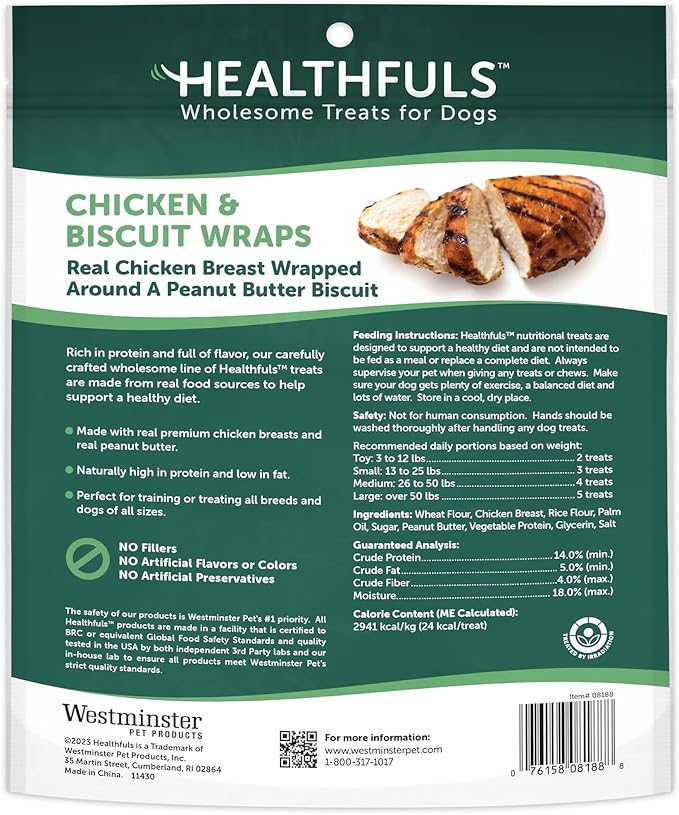 HEALTHFULS Chicken & Peanut Butter Healthy Dog Treats – High-Protein, Low-Fat, Biscuit Wraps with Real Peanut Butter – 16 oz