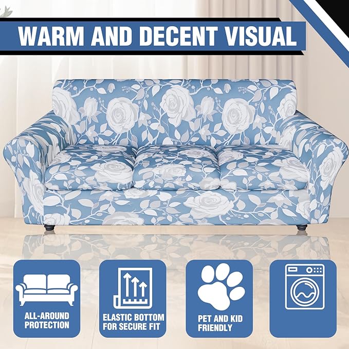 Stretch Couch Covers for 3 Separate Cushion Couch Sofa,Floral Printed Couch Sofa Cover,Washable Sofa Slipcover,Pet Friendly Furniture Protector with Elastic Bottom,Universal Fit for Home(Sofa,Cover)