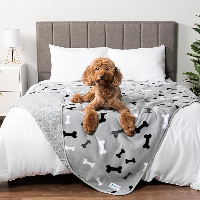 PETAMI Sherpa Fleece Waterproof CAT and Dog Blanket, Bone Gray, Queen