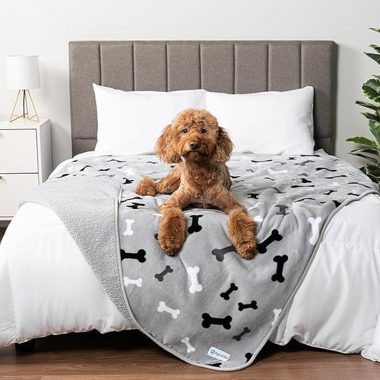 PETAMI Sherpa Fleece Waterproof CAT and Dog Blanket, Bone Gray, Queen