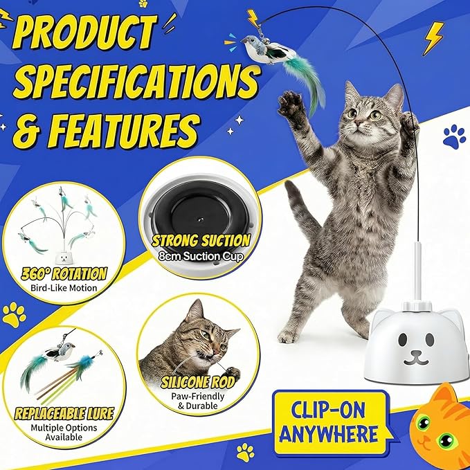 CATPICK Interactive Cat Toys for Indoor Cats - Automatic Flying Bird Feather Toy, USB Rechargeable Electric Cat Teaser with Strong Sticky Base, Smart Motion Self-Play Toy for Bored Cats(Green)