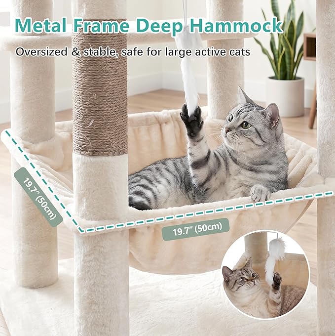 Cat Tree, 81.1" Skyward Corner Cat Tower for Large Cats with Diamond Hideout, Space-Smart Cat Furniture with Grand Platform, Firm Base, 3 Soft Hammock & Pet Relax Station, Beige VCT031MJ