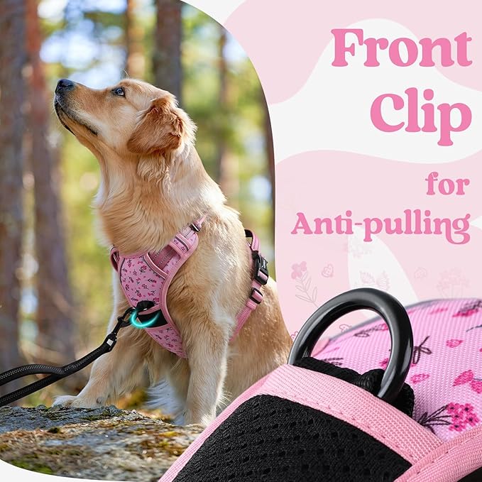 rabbitgoo Dog Harness for Large, No Pull Easy On & Off with 3 Buckles Pet Harness, Adjustable Soft Walking Vest with 2 Clips and Handle, Reflective for Extra Large Dogs, Floral Pink, XL