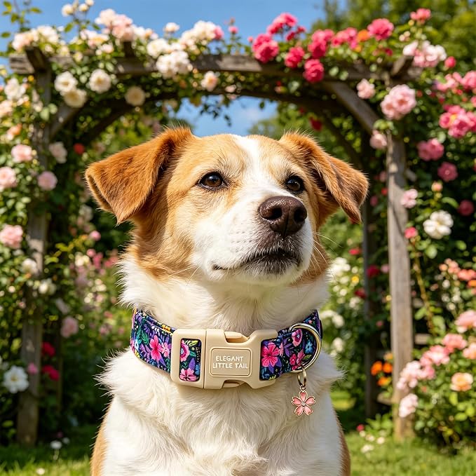 Elegant little tail Dog Collar, Pink Floral Pet Dog Collars Female Cotton Puppy Cute Summer Holiday Adjustable Pet Collar with Sturdy Quick Release Buckle for Small Medium Large Dogs