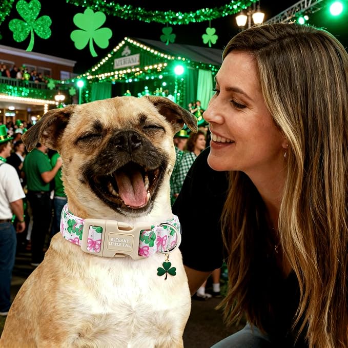 Elegant little tail St Patrick's Dog Collar - Green Cute Clover Cotton Shamrock Pet Collar Trefoil Adjustable Cotton Pet Collar with Quick Release Buckle for X-Small Dogs