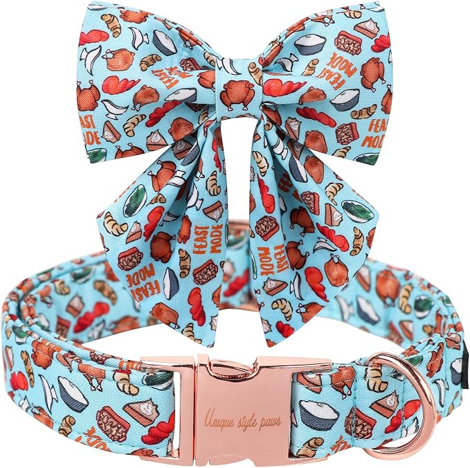 Unique Style Paws Thanksgiving Day Dog Collar with Bowtie Blue Turkey Cotton Puppy Collars for Small Medium Large Dogs