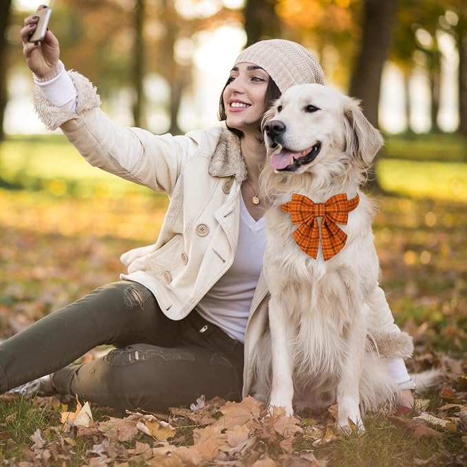 Maca Bates Fall Pumpkin Plaid Dog Collar with Sailor Bow Tie for Extra Small Girl,Boy,Autumn Checkered Puppy Collars with Bowtie,Halloween Gingham Print Adjustable Breakaway Soft for Male Female Dogs