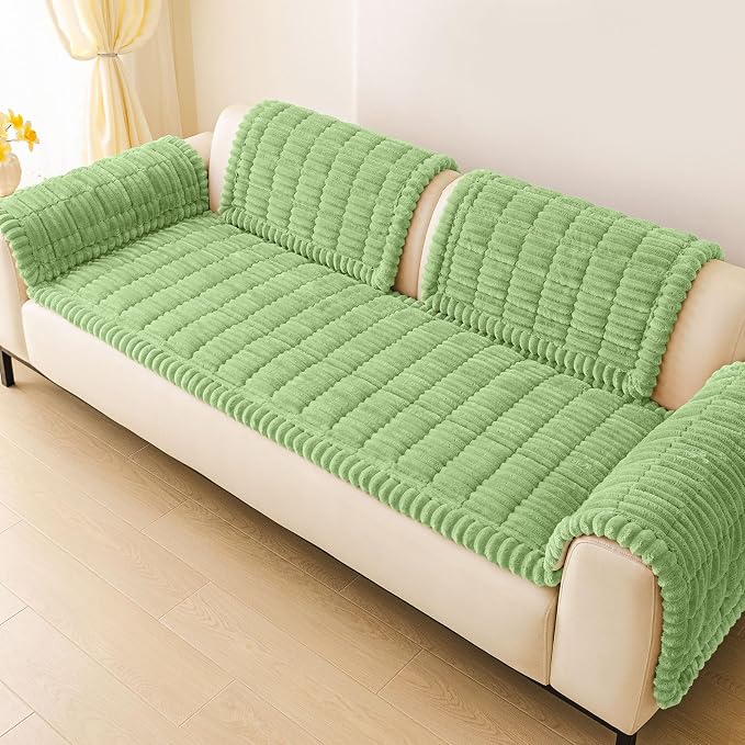 hyha Couch Cover for Dogs Washable, Non Slip Thick Flannel Sofa Protector, Pet Friendly Plush Furniture Cover for Sectional Sofa & Loveseat (Grass Green, 27.6" x 82.7")