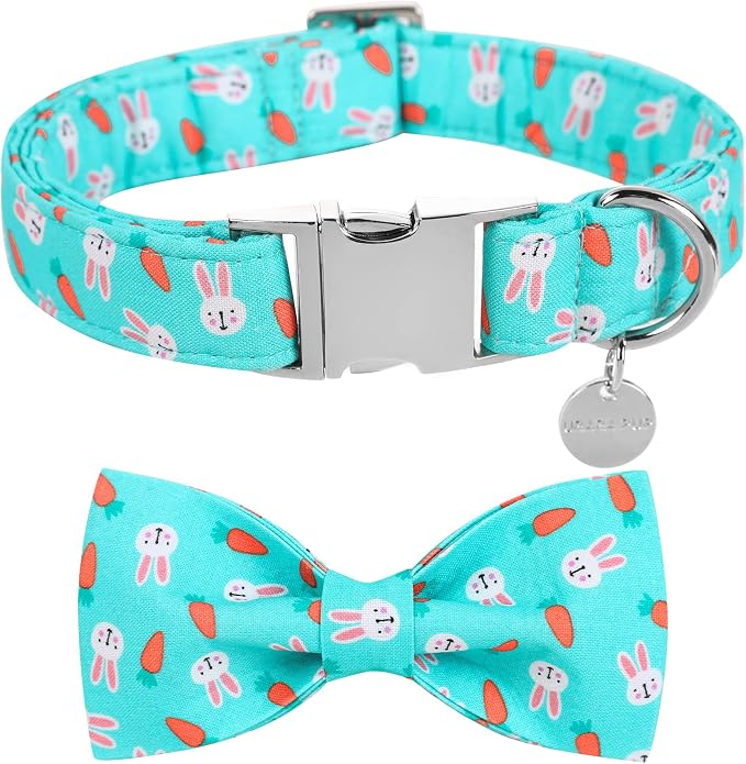 Easter Dog Collar with Bow Tie, Cotton Easter Bowtie Collar for Medium Girl Boy Dog, Cute Carrot Pet Collar with Metal Buckle, Easter Gift Rabbit Dog Collar, M