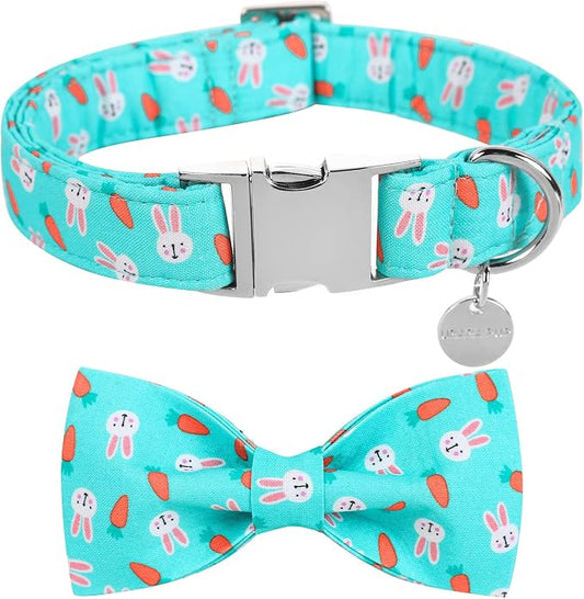 Easter Dog Collar with Bow Tie, Cotton Easter Bowtie Collar for Medium Girl Boy Dog, Cute Carrot Pet Collar with Metal Buckle, Easter Gift Rabbit Dog Collar, M