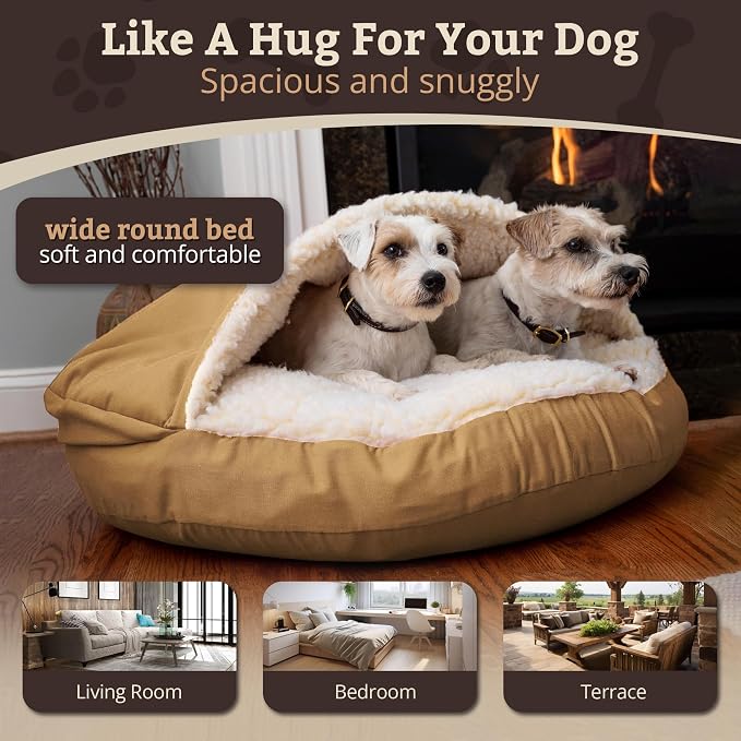 Snoozer Cozy Cave Dog Bed - Indoor Dog Bed with Cover Cave, Covered Calming Burrow for Small Sized Pets with Blanket Attached, Enclosed, Removable Washable Cover - Small, Camel