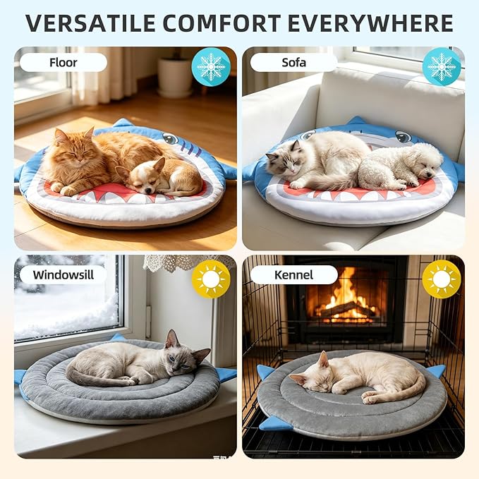 PUPTECK Cat Cooling Mat, 23.6”x23.6” Reversible Cooling & Warm Cat Sleeping Blanket Pad, Soft & Comfortable Summer Pet Cool Thicken Bed for Kittens Small Dogs, Blue Shark