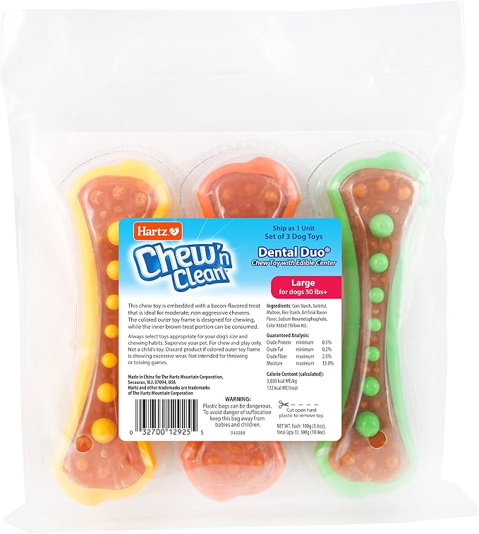 Hartz Chew 'n Clean Dental Duo Dog Treat & Chew Toy, Color Varies, Large, 3 Pack