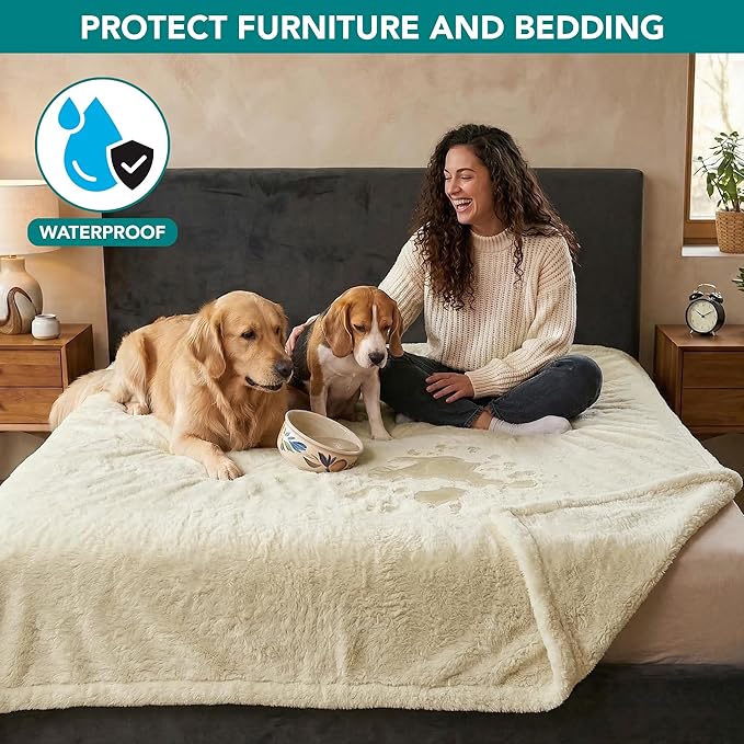 PetAmi Fluffy Waterproof Dog Blanket for Couch and Bed, Reversible Sherpa Pet Throw, Pee Proof Furniture Protector Sofa Cover, Washable Cat Blanket for Medium Large Dogs and Cats (Beige Cream, 40x60)