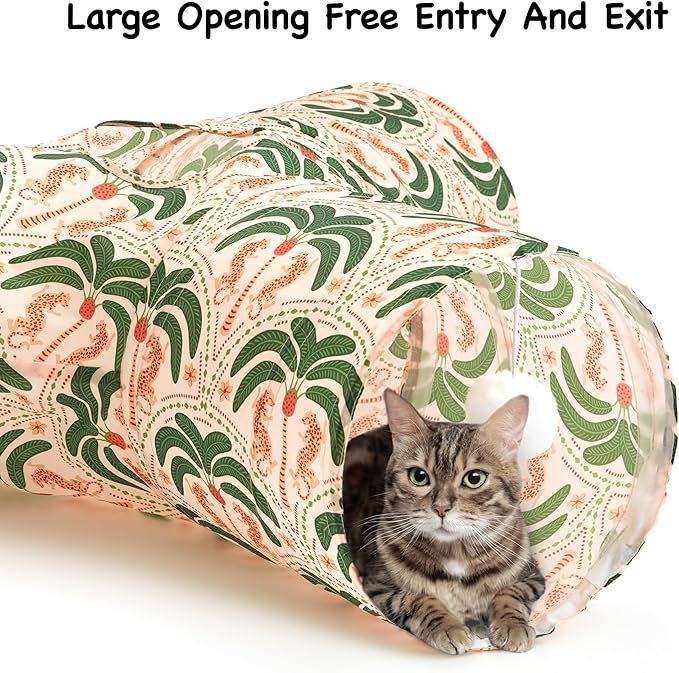Tempcore Cat Tunnel for Indoor Cats, 3 Way Collapsible Pet Play Tunnel with Teaser Wand, Peek Holes & Hanging Ball, Interactive Tube for Kittens & Rabbits, Khaki Coconut Tree