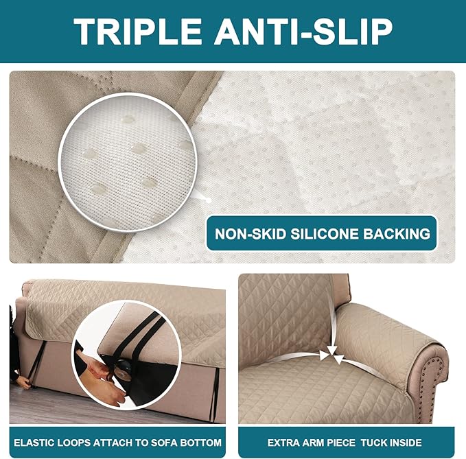 Turquoize 100% Waterproof Sofa Covers Couch Cover Sofa Cover for Dogs Couch Protector Triple Non-Slip Sofa Slipcover for 3 Cushion Couch Furniture Protector for Pets, Kids,Dog (XL Sofa 78", Khaki)